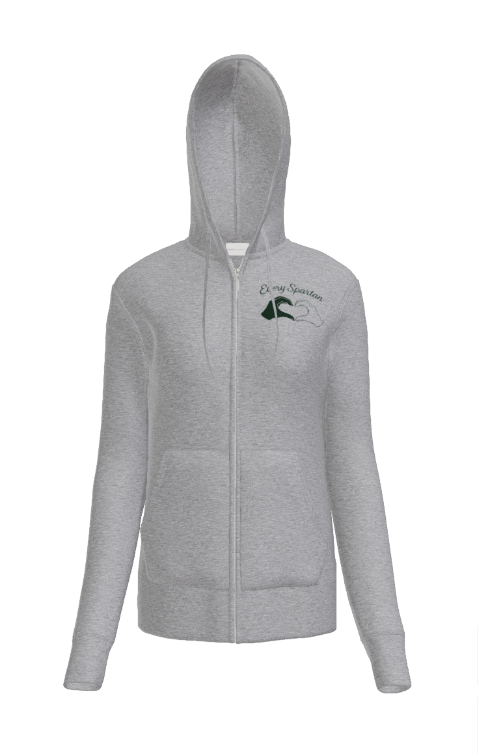 A light grey zip-up hoodie with a small, dark heart-shaped logo on the left chest.