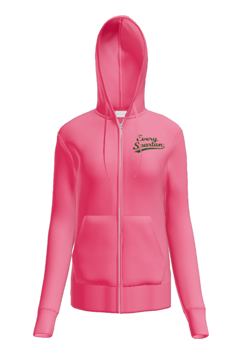 A bright pink, long-sleeved zip-up hoodie with a hood and a logo on the left chest.
