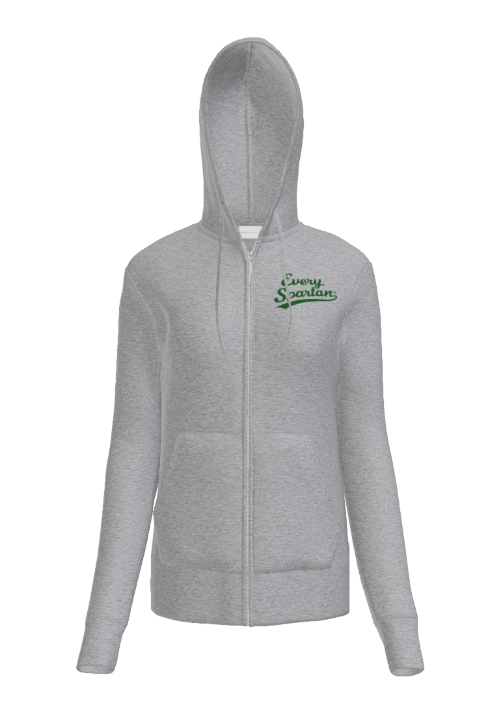 A heather grey zip-up hoodie with a hood and a small dark green cursive logo on the left chest.