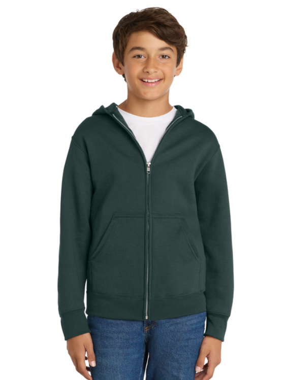 A forest green zip-up hooded sweatshirt featuring a small white Spartan logo on the upper left chest.