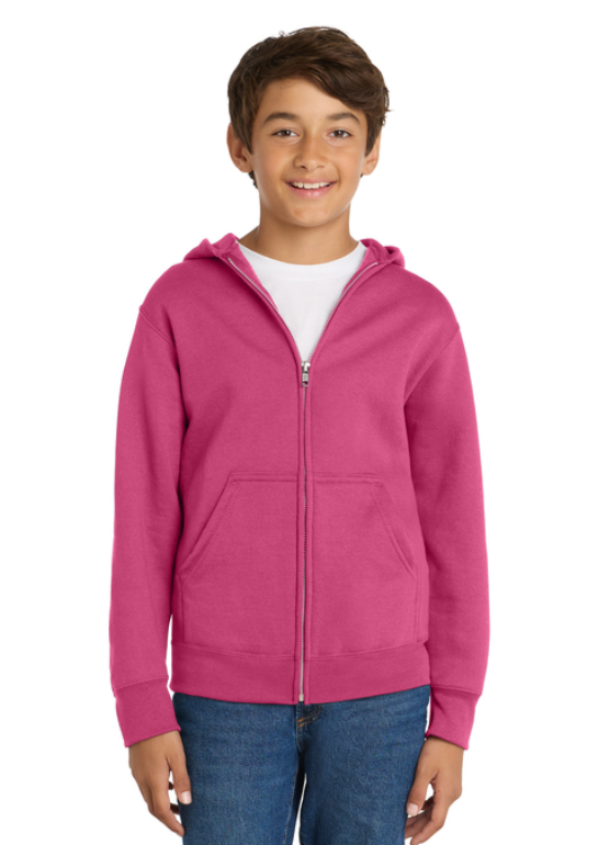 A bright pink zip-up hooded sweatshirt featuring a small black Spartan helmet logo on the left chest.