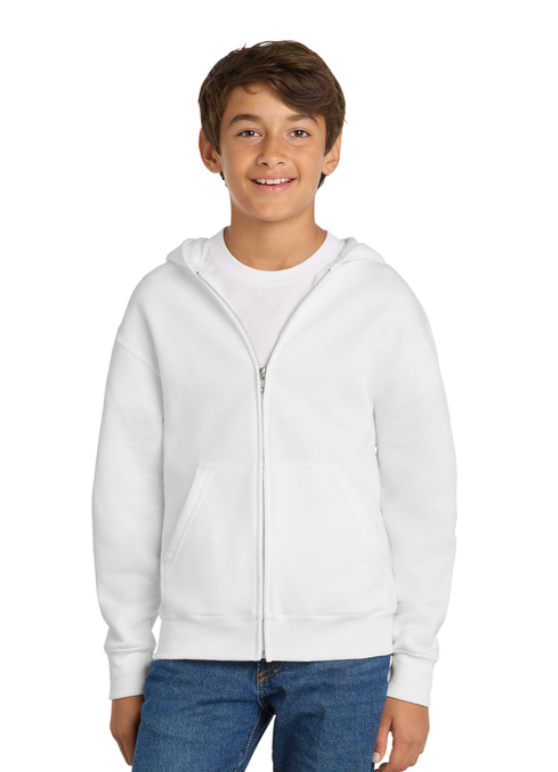 A white, zip-up hooded sweatshirt featuring a small logo on the left chest.