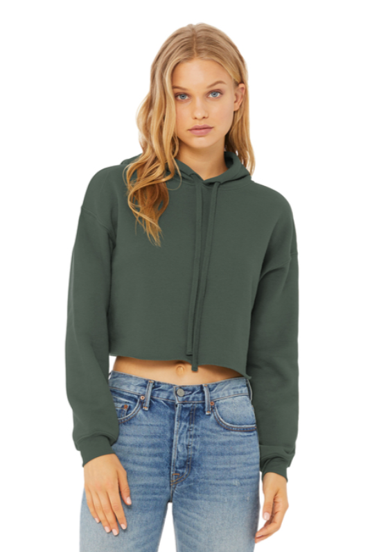 Green cropped hoodie with white text and graphic on front.