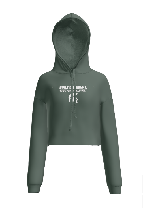 Green cropped hoodie with white text and graphic on front.