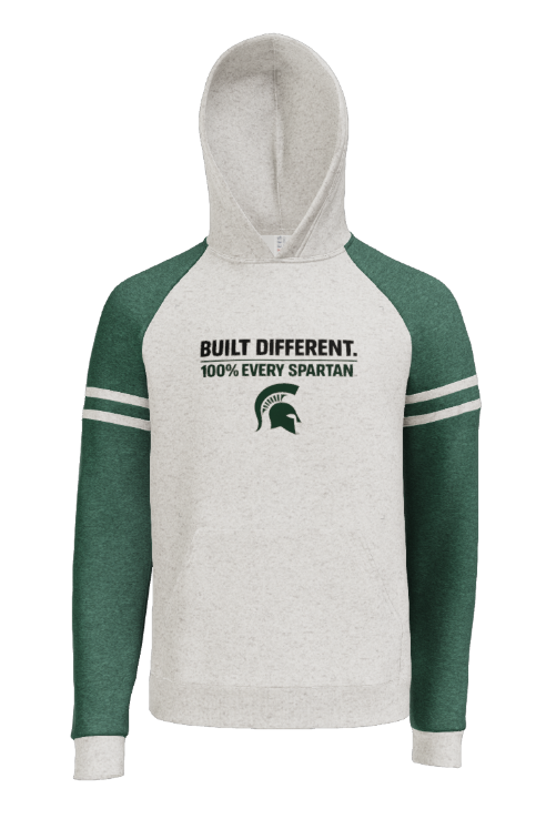Green and white Michigan State Spartans hooded sweatshirt with text and logo.