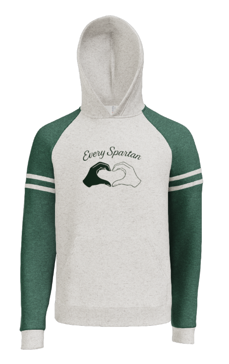 Green and white hoodie with heart-shaped hands graphic and 