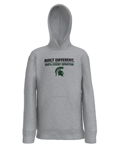 A light grey hooded sweatshirt featuring the black text 