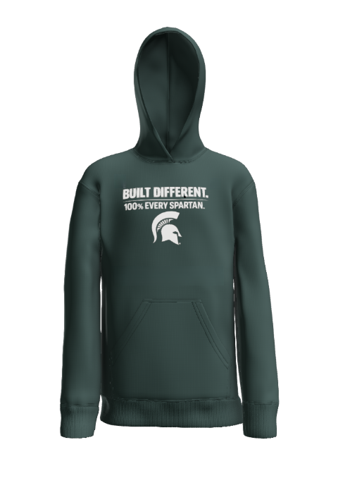 Dark green hooded sweatshirt with white text 