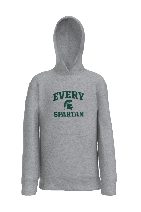 Gray hooded sweatshirt featuring the green text 