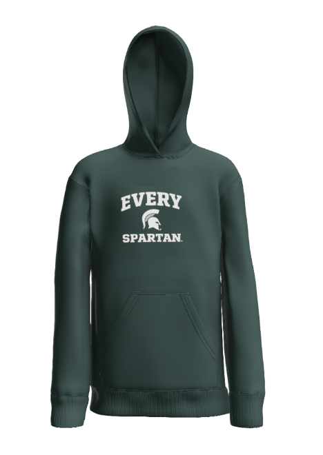 A dark green long-sleeved hooded sweatshirt with 