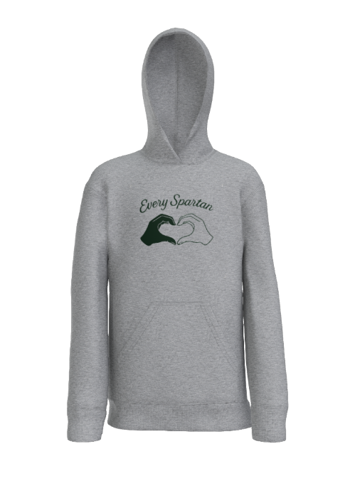 A grey hooded sweatshirt featuring the words 