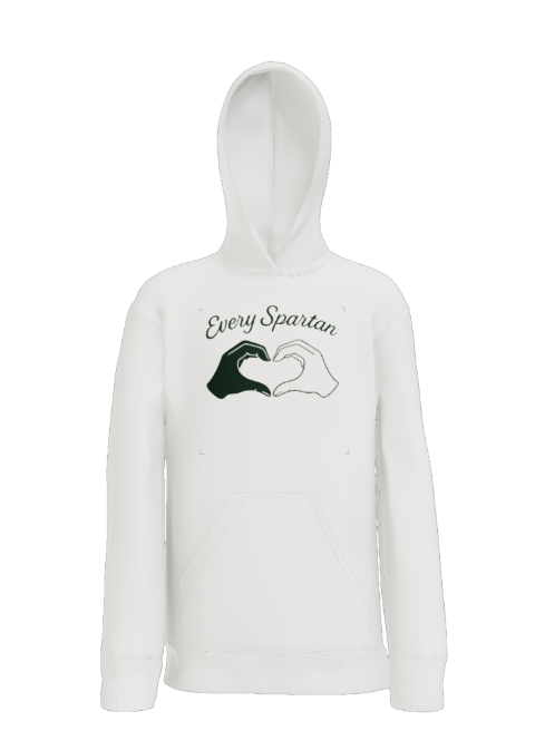 A white hoodie featuring a black-and-white graphic of two hands forming a heart, with the text 