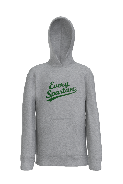 A grey hooded sweatshirt with 