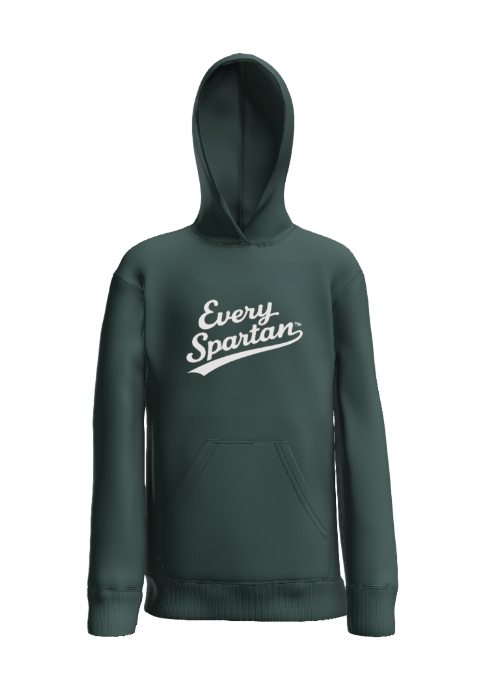 A dark green long-sleeved hooded sweatshirt with 