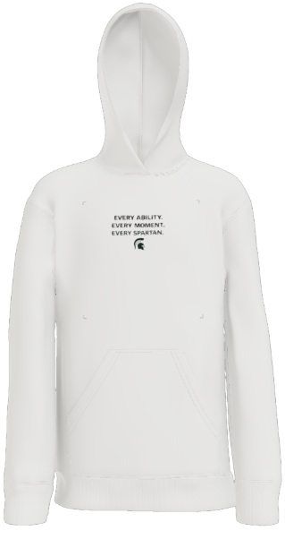 A white hooded sweatshirt with small black text and a Spartan helmet logo centered on the chest.