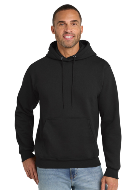A black hooded sweatshirt with white 