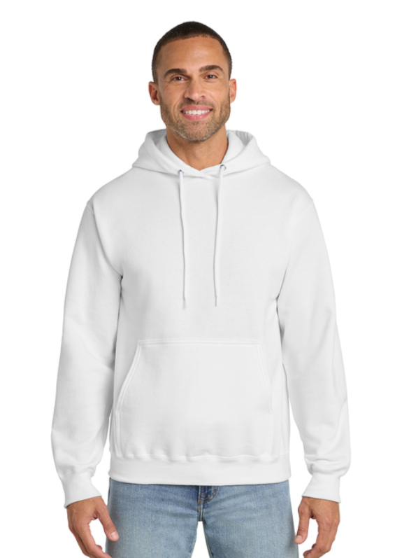 A white hooded sweatshirt with the text 