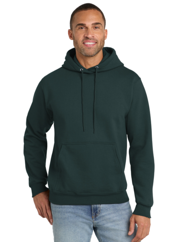 A dark green hoodie with the white text 