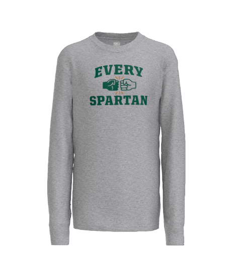 Gray long-sleeve shirt with green text and fists that read 