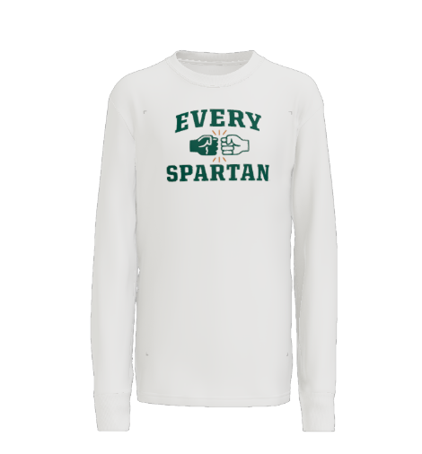 Gray long-sleeve shirt with green text and fists that read 