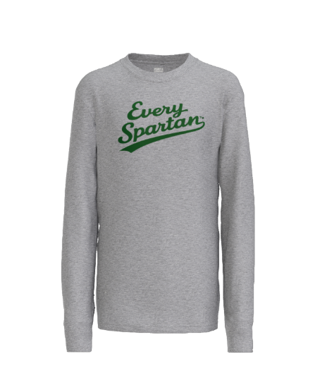 A grey long-sleeved crewneck sweatshirt with 
