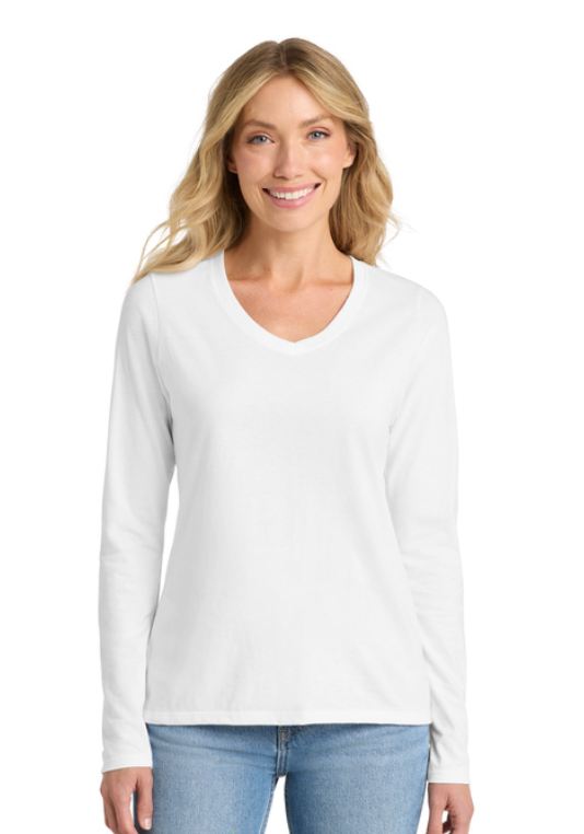 Women's Long Sleeve Fan Favorite™ V-Neck Tee (manifesto) Port & Co™ White