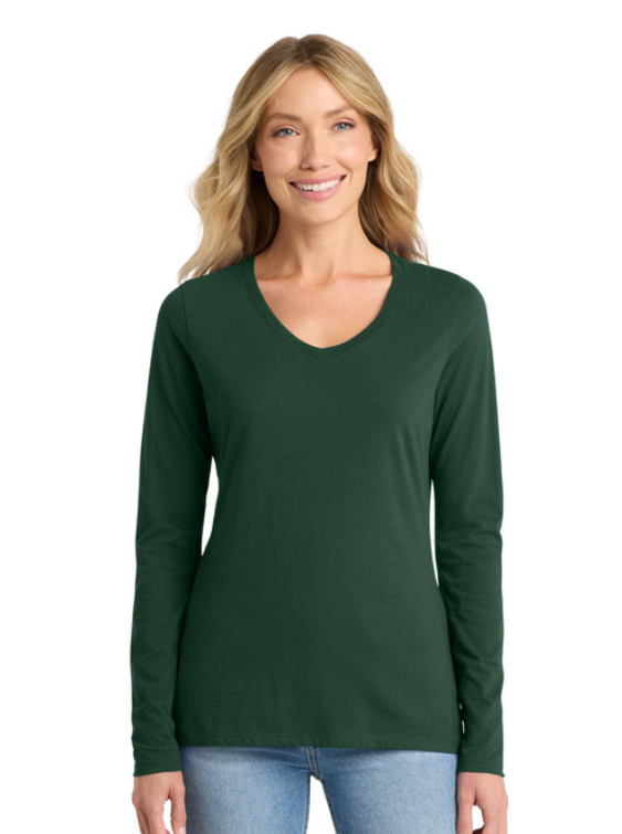 Women's Long Sleeve Fan Favorite™ V-Neck Tee (hockey script) Port & Co™ Dark Green