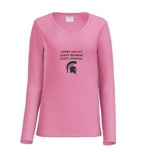 Pink long-sleeved shirt V-neck and a green Spartan helmet with text that reads 