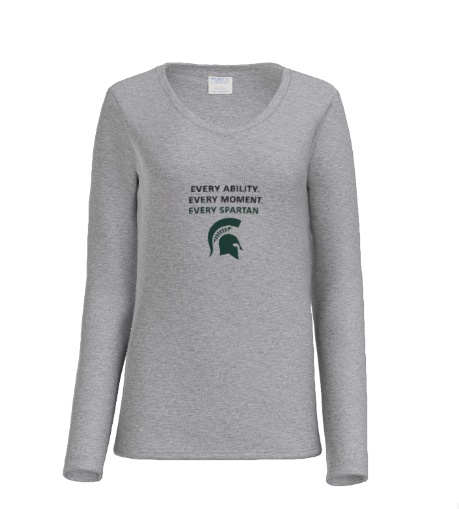 Pink long-sleeved shirt V-neck and a green Spartan helmet with text that reads 