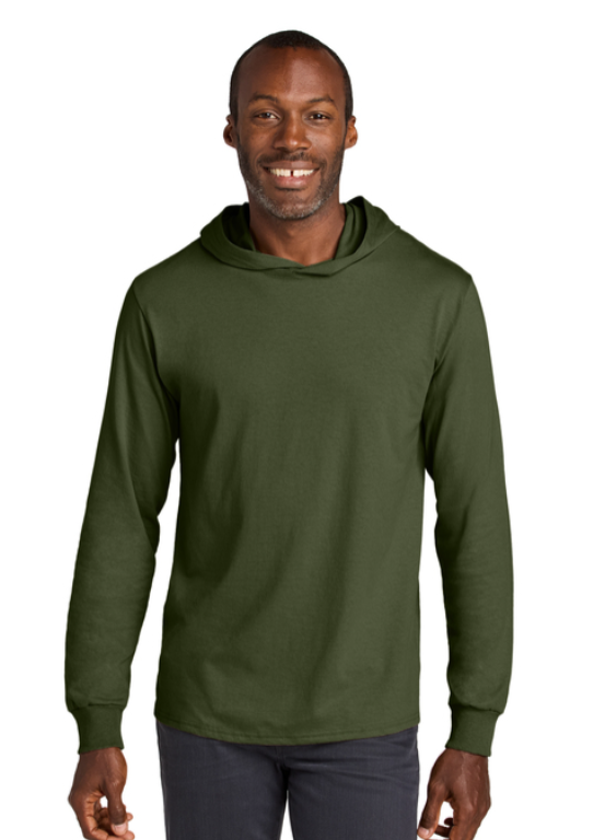 Olive green hooded long-sleeve shirt with 