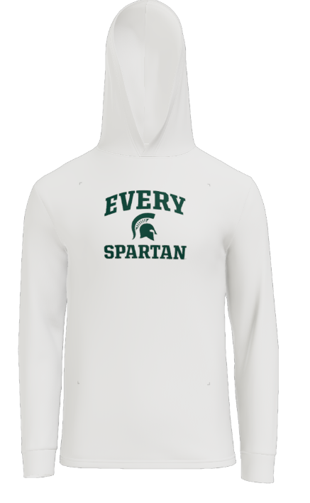 White hoodie with green text reading 