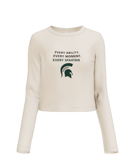 Cream-colored long-sleeved crop top with green text and a Spartan logo.