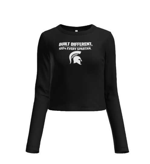 Black long-sleeved crop top with white text and Spartan helmet graphic.