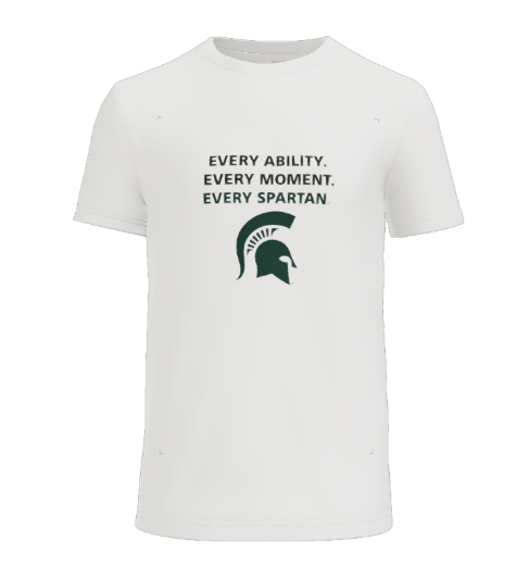 White t-shirt with green text and a Spartan helmet logo. Text reads: 