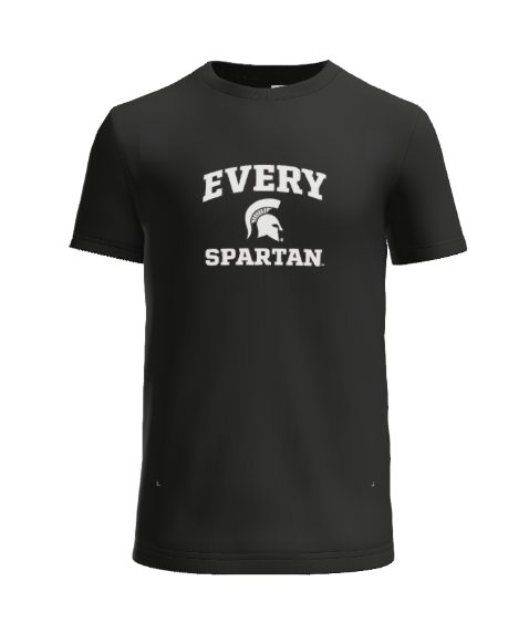 Black t-shirt with white text and a Spartan helmet graphic, reading 