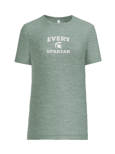 Green t-shirt with white text and a Spartan helmet graphic that says 