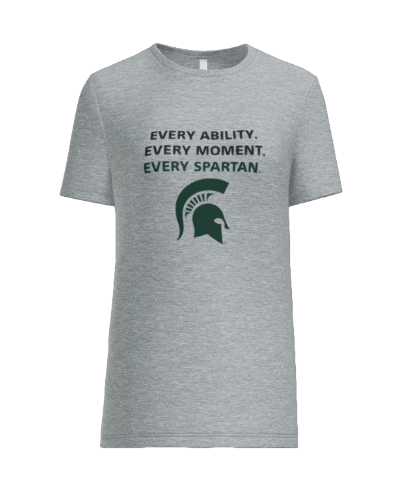 White t-shirt with green text and Spartan helmet graphic: 