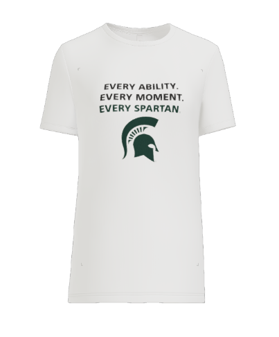 White t-shirt with green text and Spartan helmet graphic: 