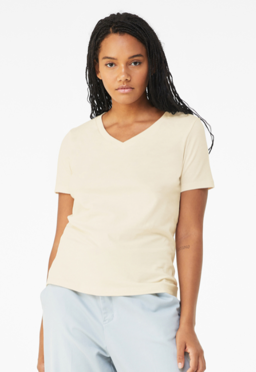 Cream-colored v-neck t-shirt, green text and Spartan helmet logo. Text reads 