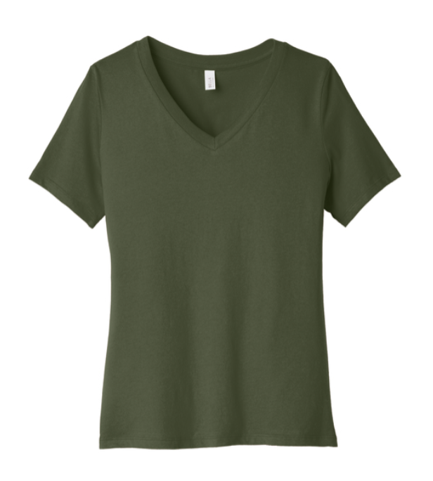 Olive green V-neck t-shirt with white text reading 