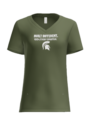 Olive green V-neck t-shirt with white text reading 