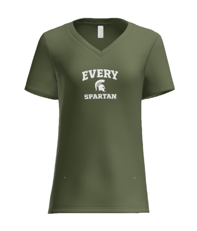 Olive green v-neck t-shirt featuring the white text 