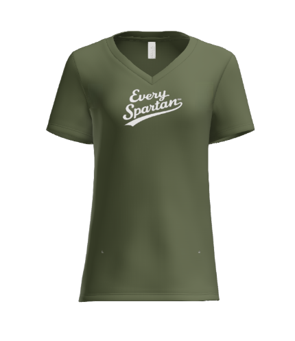 An olive green V-neck t-shirt with the text 