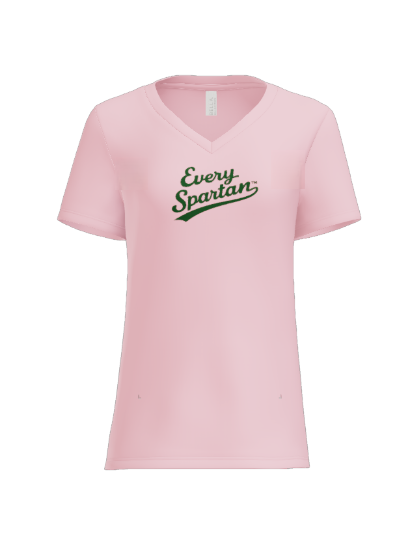 A light pink V-neck t-shirt with the text 