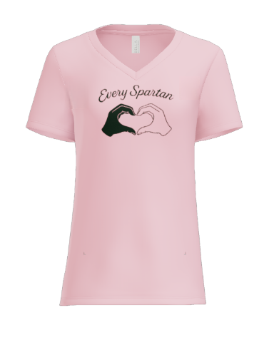 A light pink V-neck t-shirt with the text 