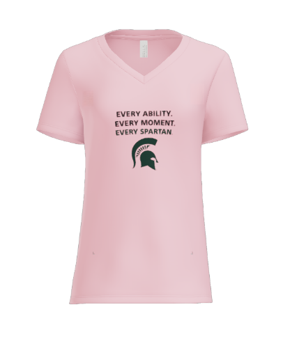 A light pink V-neck t-shirt featuring the text 