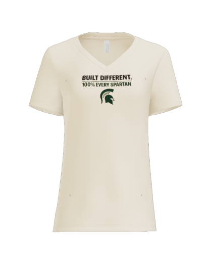 Cream-colored v-neck t-shirt with text 