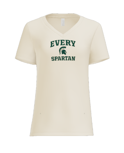 A beige V-neck T-shirt featuring the green text 