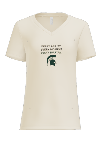 Cream-colored v-neck t-shirt, green text and Spartan helmet logo. Text reads 