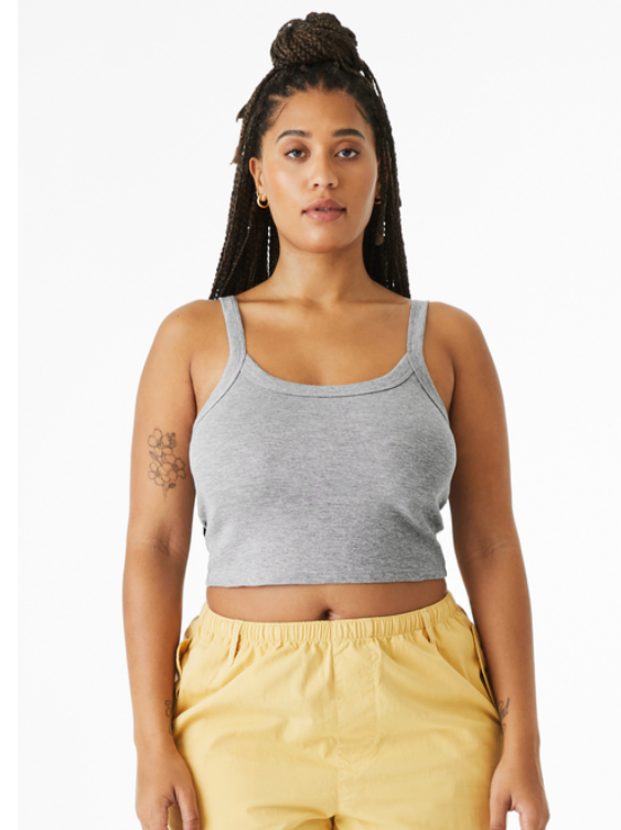 A heather gray ribbed tank top with the black text 